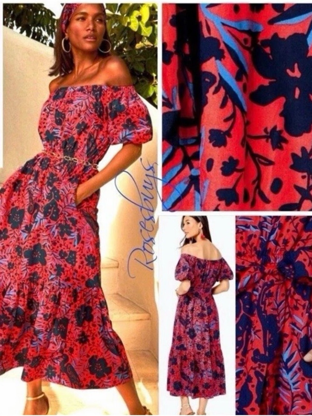 Lilly Tami Off-Shoulder Red Floral Midi Dress